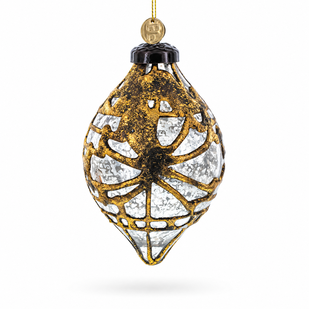 Rustic Teardrop with Gold Filigree Clear Glass Christmas Ornament
