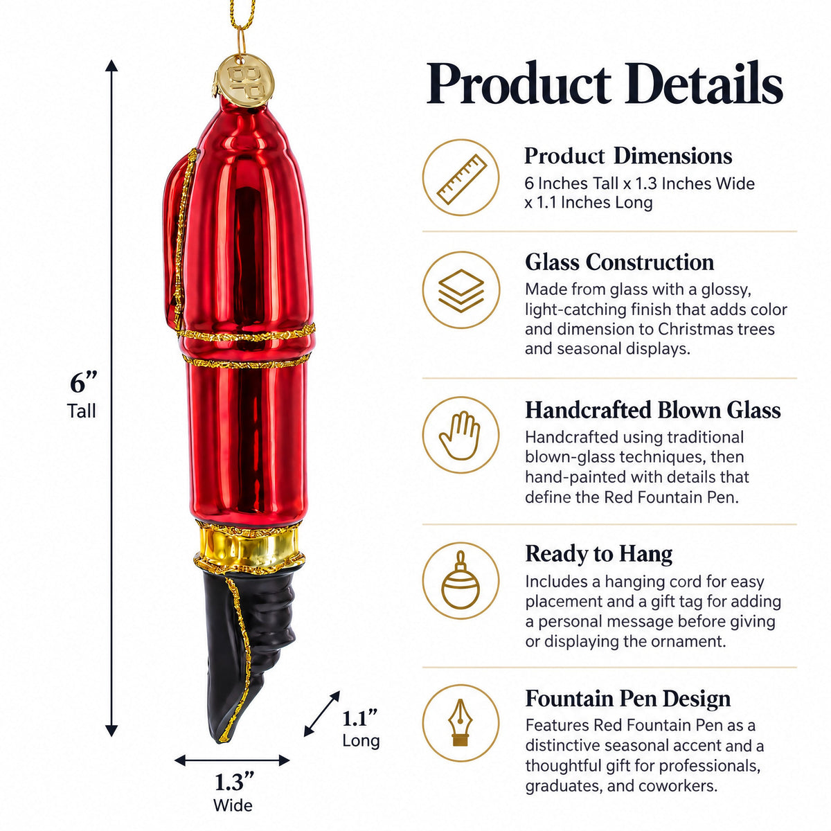 Red Fountain Pen Glass Christmas Ornament