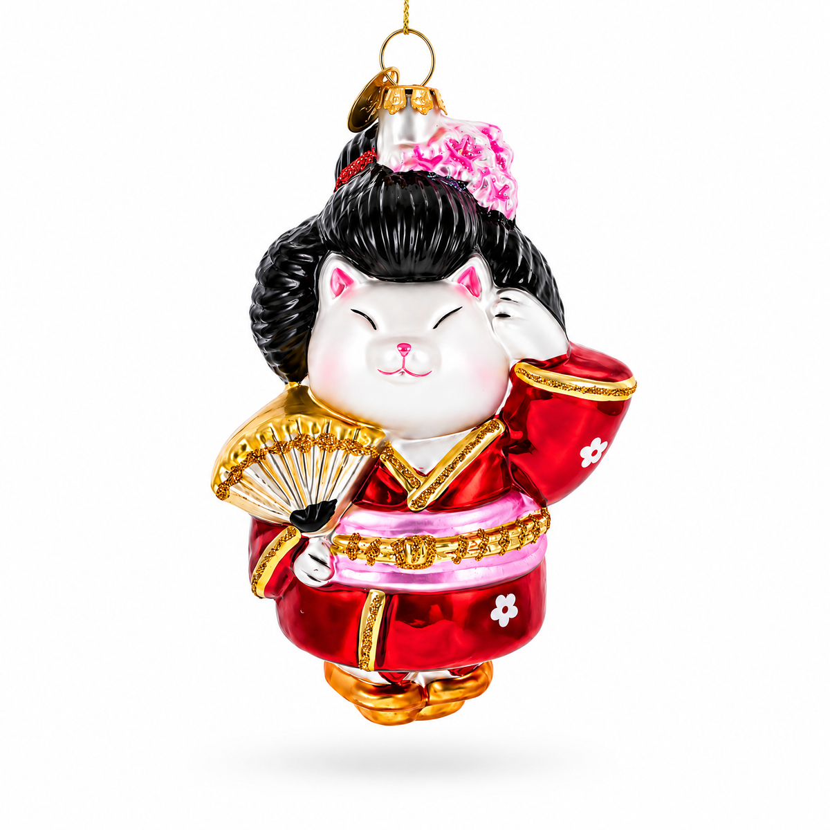 Geisha Cat in Kimono Glass Christmas Ornament