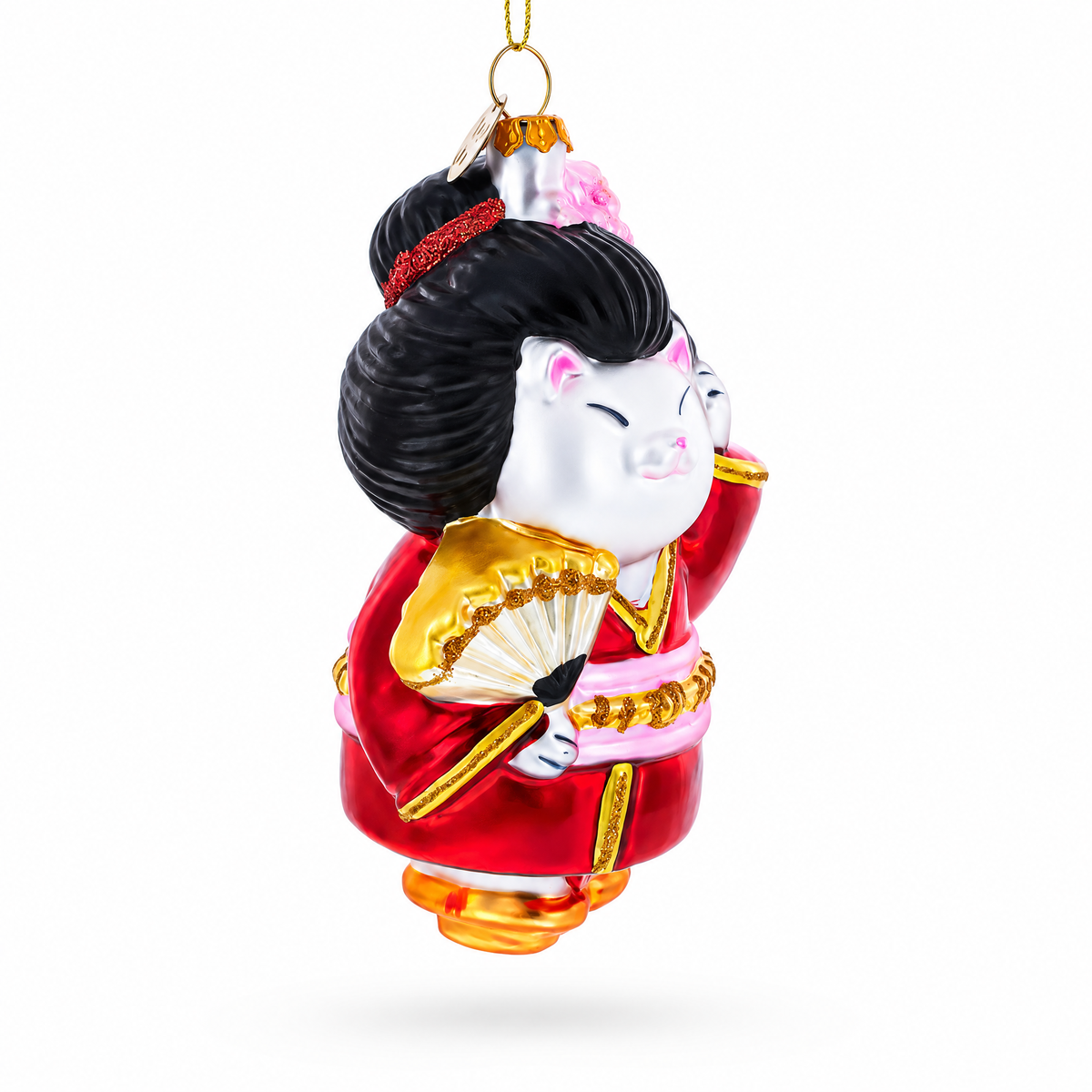 Geisha Cat in Kimono Glass Christmas Ornament