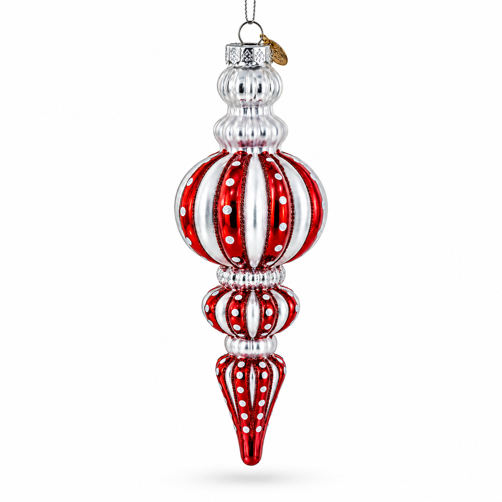 Red and Silver with Polka Dots Striped Glass Finial Christmas Ornament
