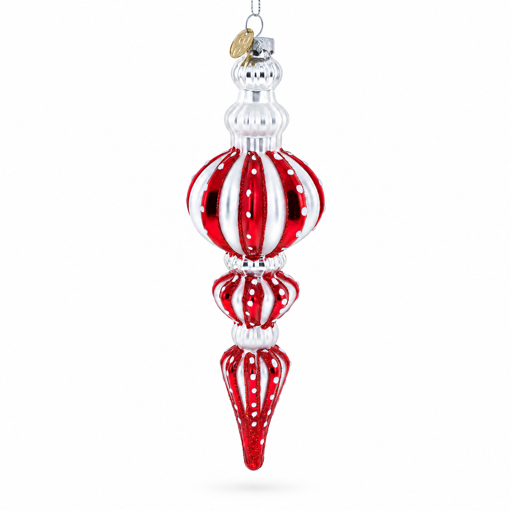Red and Silver with Polka Dots Striped Glass Finial Christmas Ornament