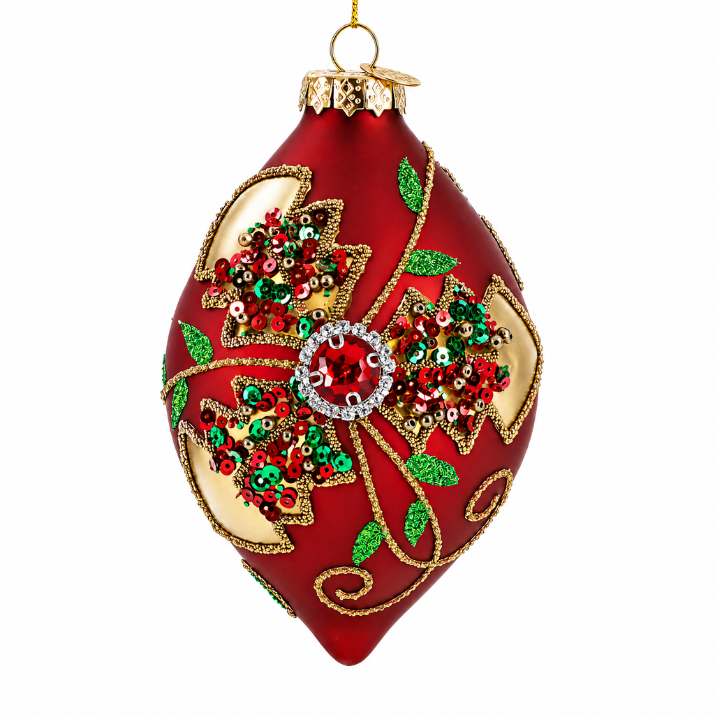 Red Teardrop with Jewel Center and Glitter Flowers Glass Christmas Ornament