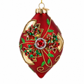 Red Teardrop with Jewel Center and Glitter Flowers Glass Christmas Ornament