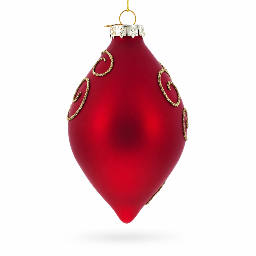 Red Teardrop with Jewel Center and Glitter Flowers Glass Christmas Ornament