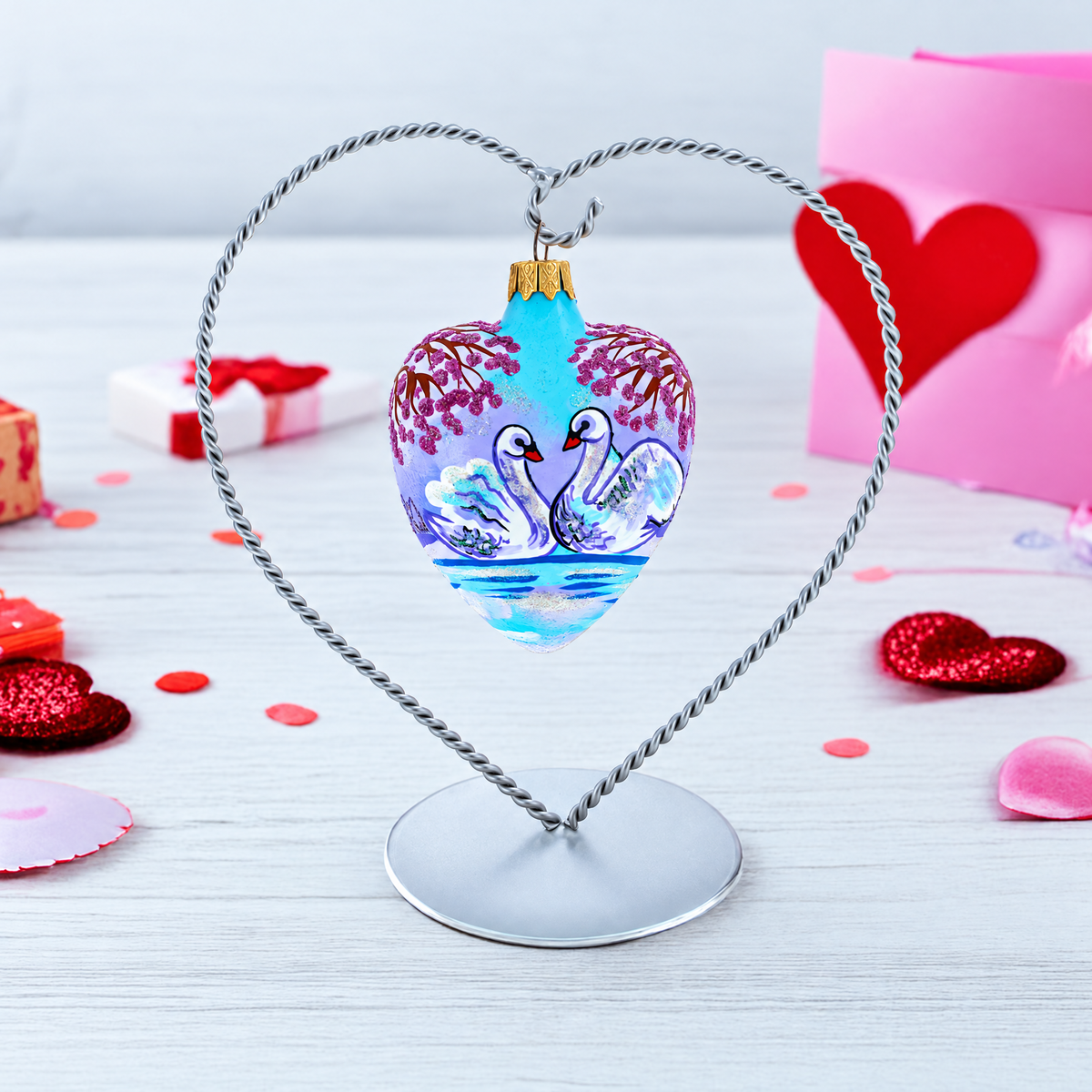 Swans In Love Glass Heart Christmas Ornament
