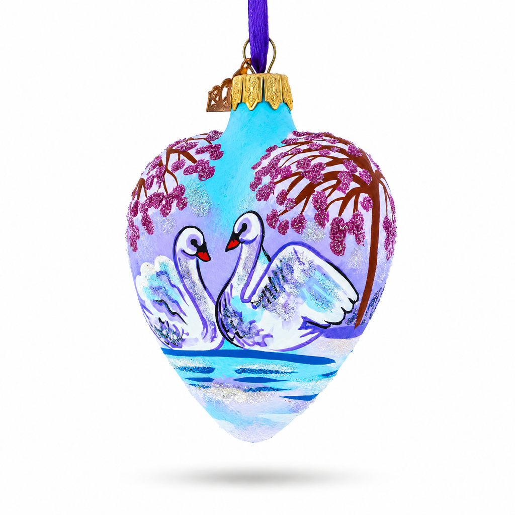 Swans In Love Glass Heart Christmas Ornament
