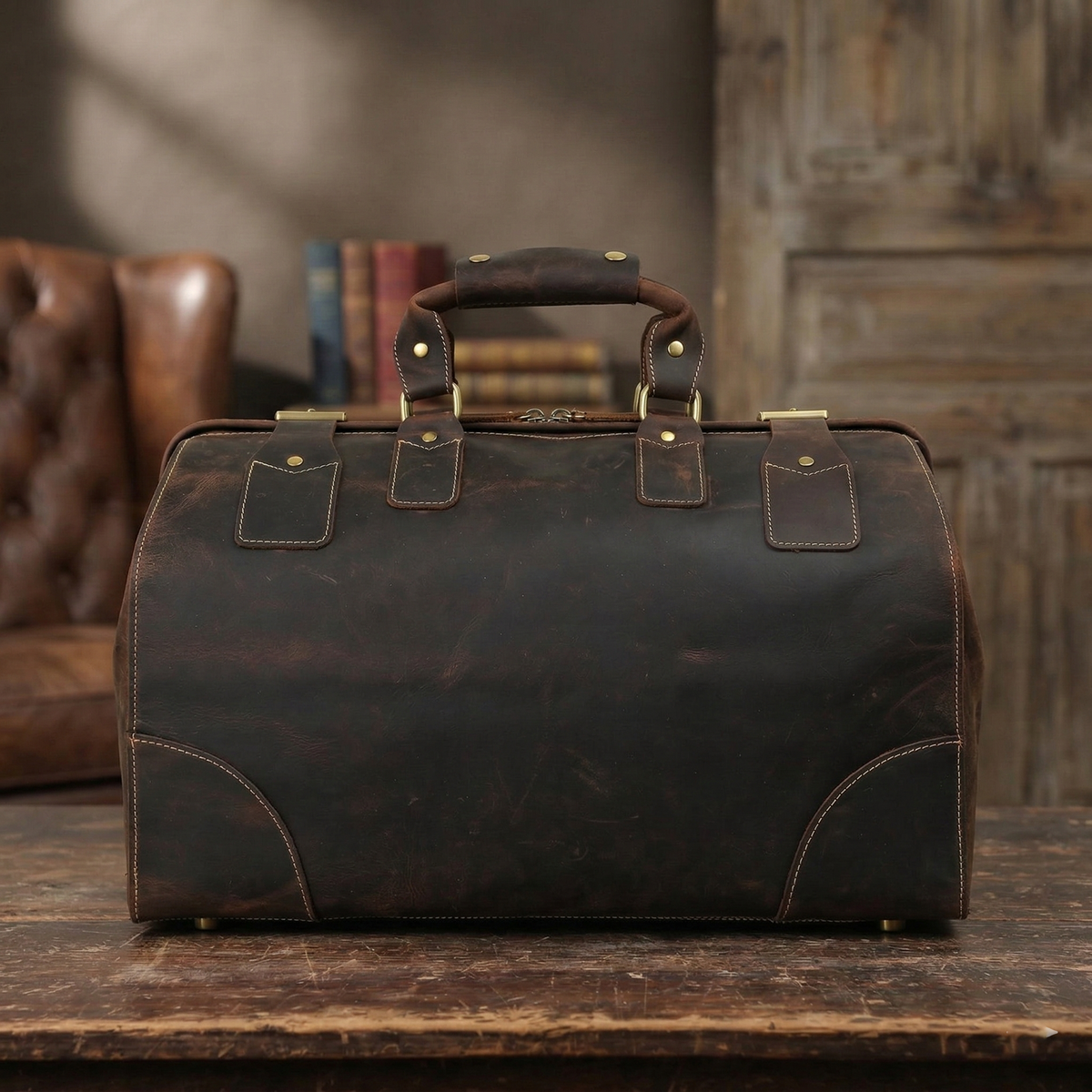 Vintage Style Large Crazy Horse Leather Duffle Bag