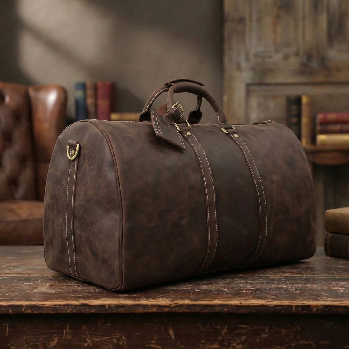 Large Vintage Leather Duffle Bag, Men's Weekender Bag