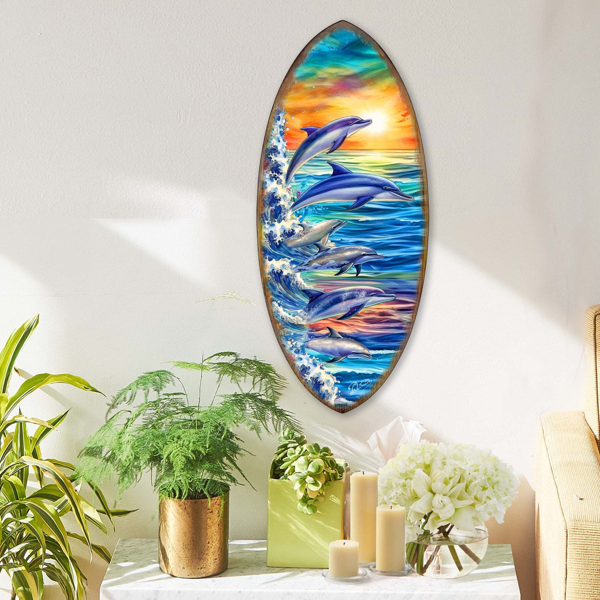 Dolphins Surfboard Coastal Wall Art by G. DeBrekht - Coastal Holiday Decor - 8490129HS