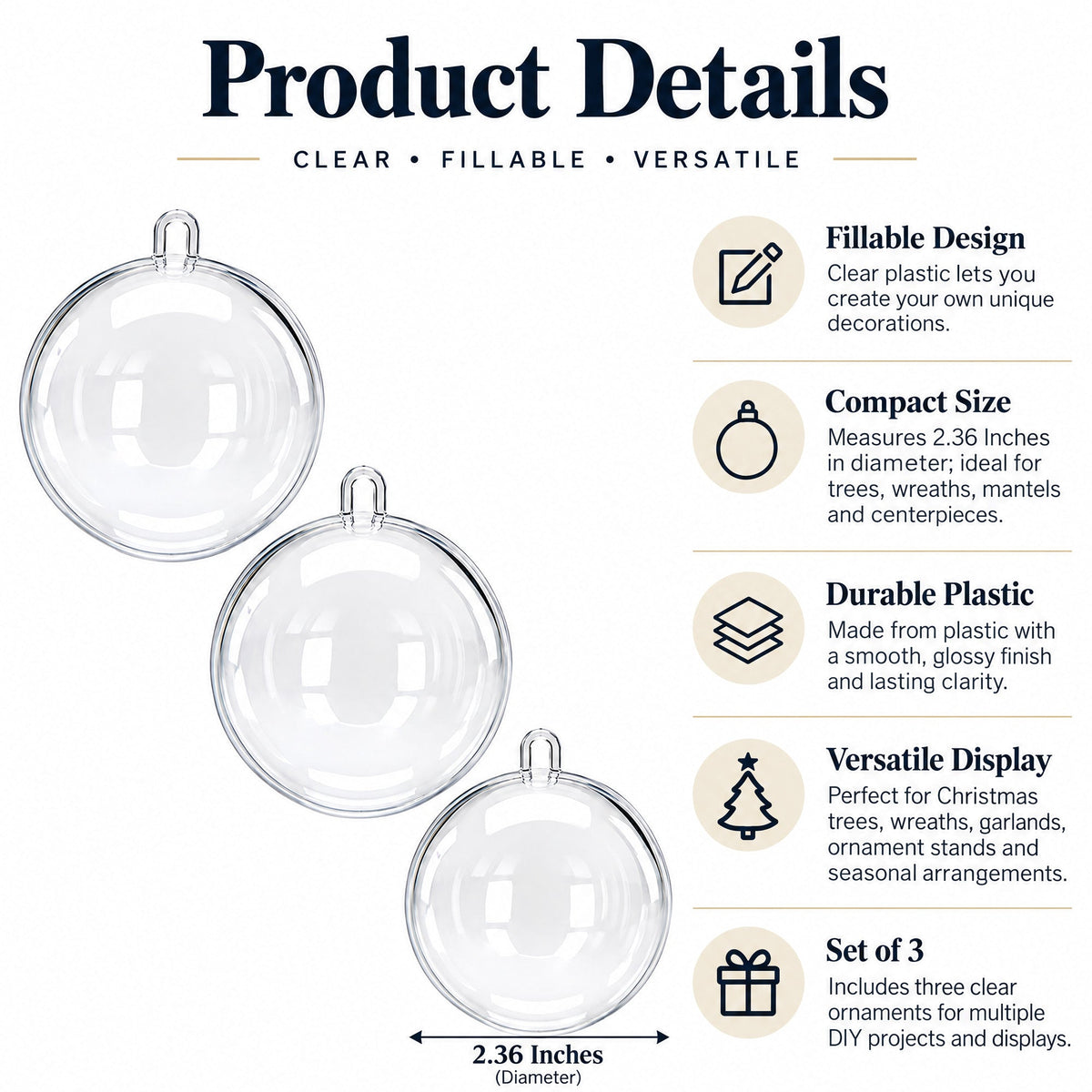 2.36-Inch Clear Plastic Fillable Christmas Ball Ornaments for DIY Crafts: Set of 3