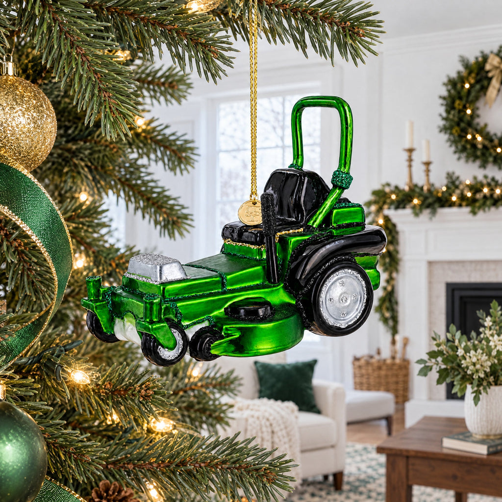 Riding Lawn Mower Glass Christmas Ornament