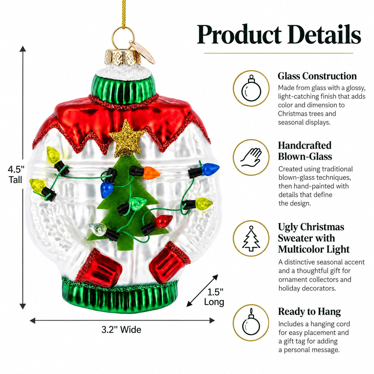 Ugly Christmas Sweater with Multicolor Light Glass Christmas Ornament