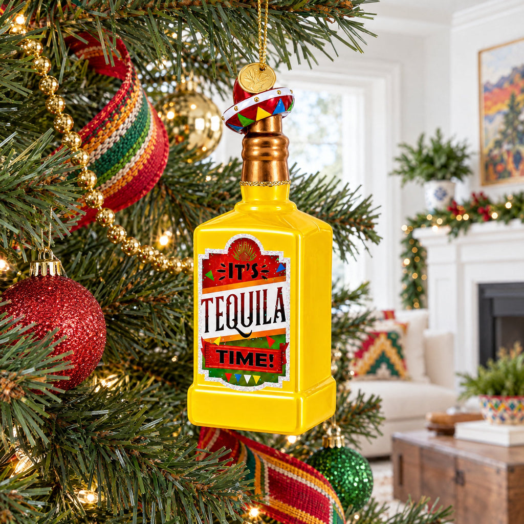 Tequila Bottle with Sombrero Glass Christmas Ornament