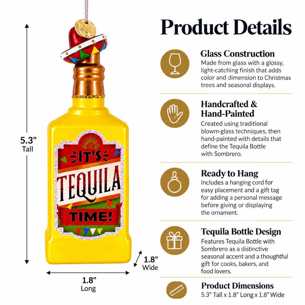 Tequila Bottle with Sombrero Glass Christmas Ornament