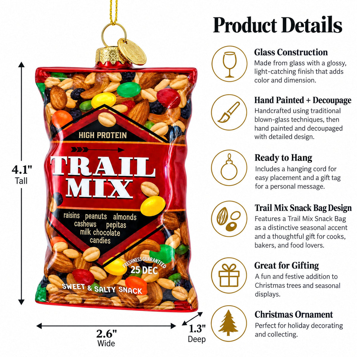 Trail Mix Snack Bag Glass Christmas Ornament