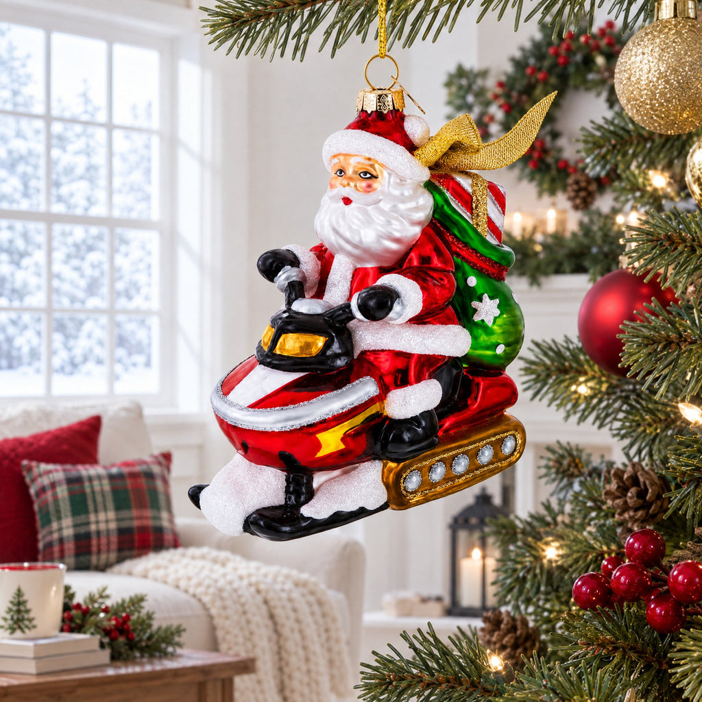 Santa Delivering Gifts on a Snowmobile Glass Christmas Ornament