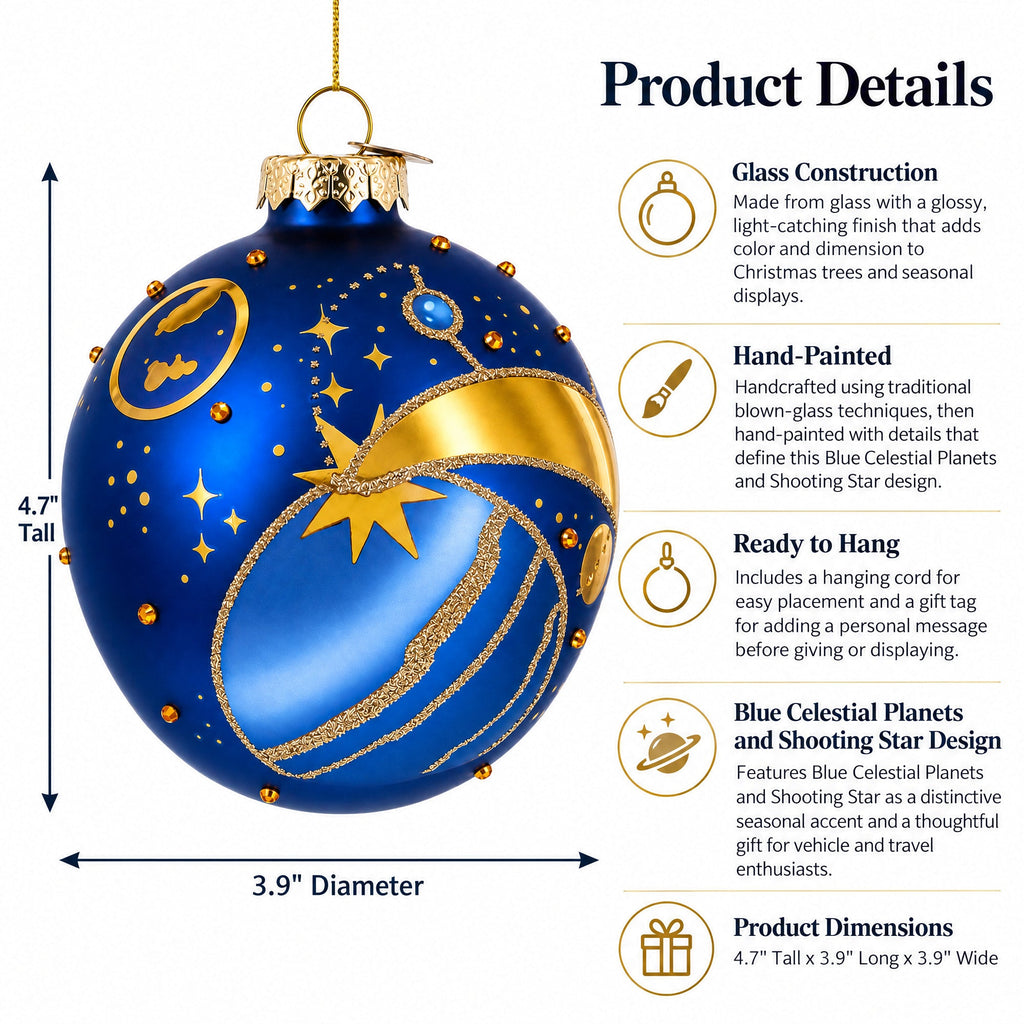 Blue Celestial Planets and Shooting Star Glass Ball Christmas Ornament