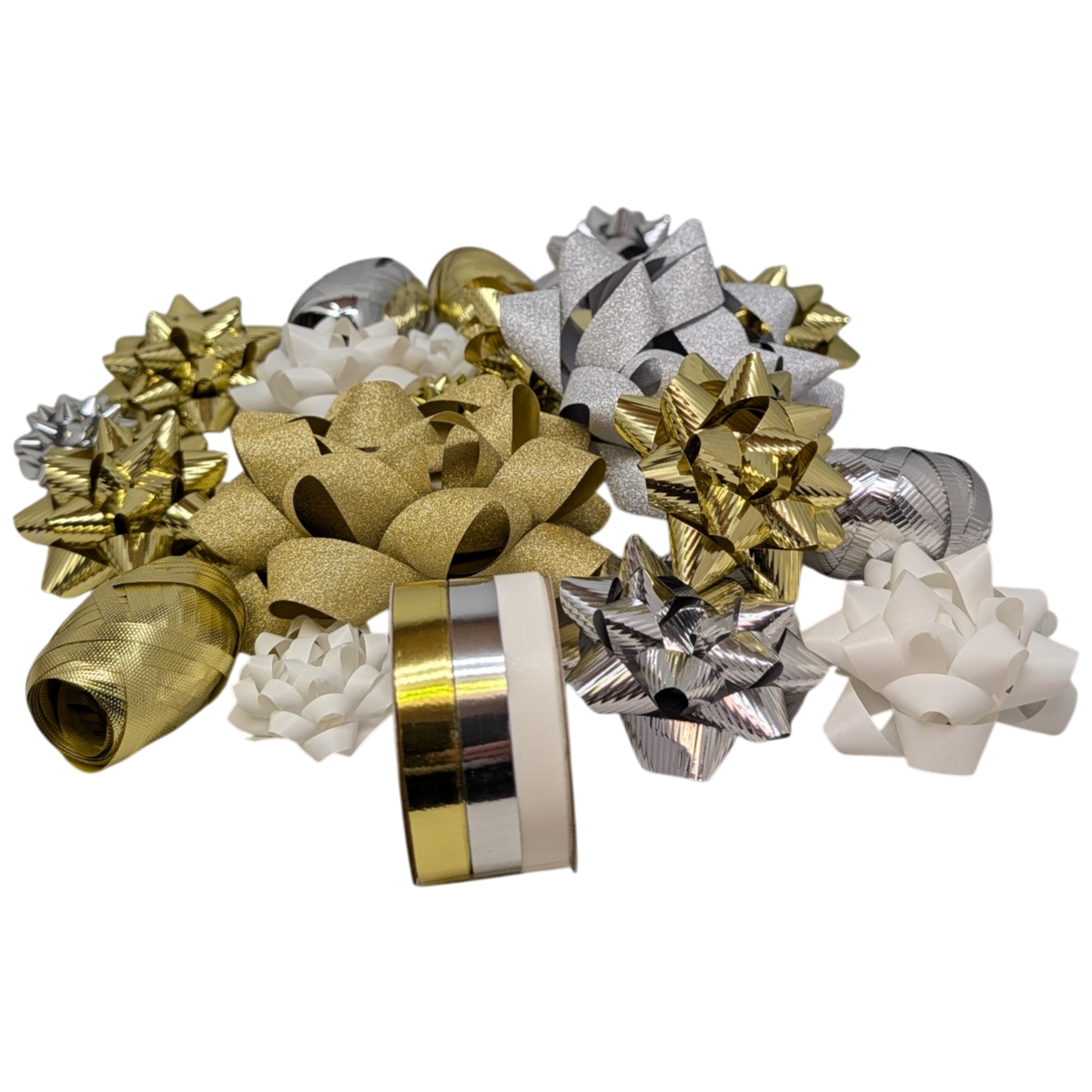 Holiday Ribbon And Bow Kit - Silver/Gold/White
