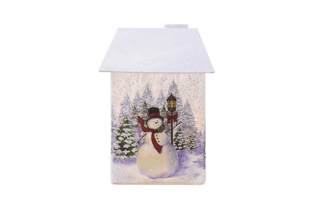 Snowman with Blue Trees Glass House w/Metal Roof