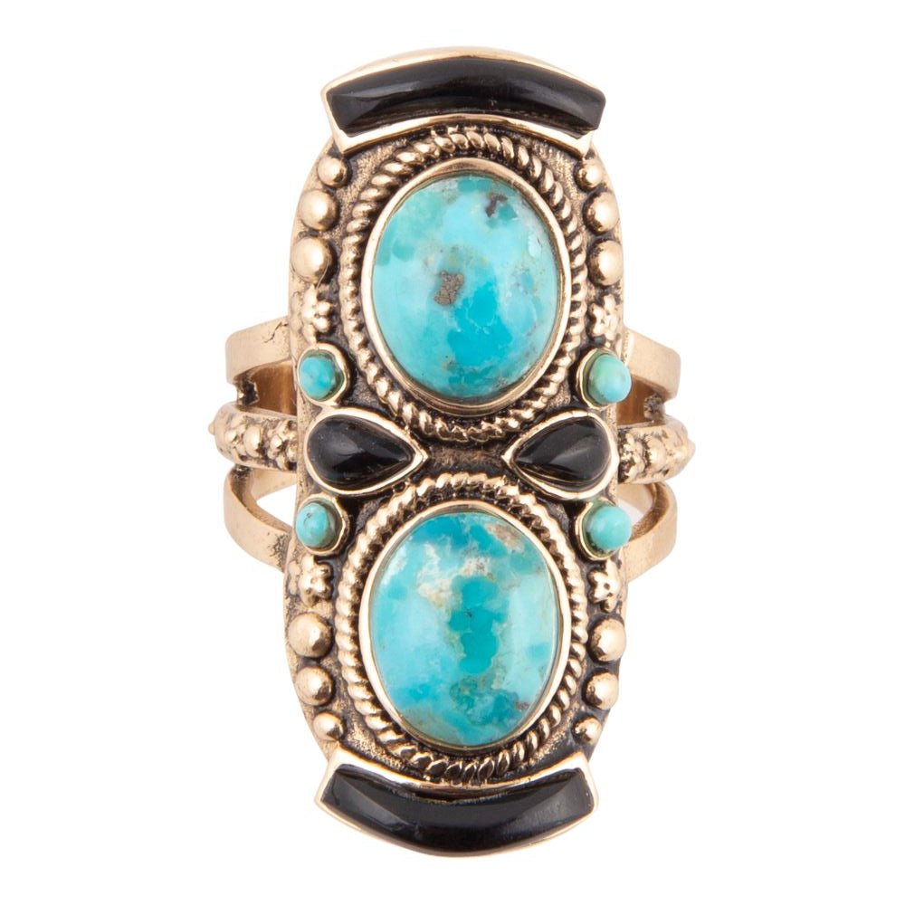 Double Up Blue Turquoise and Black Onyx Golden Ring