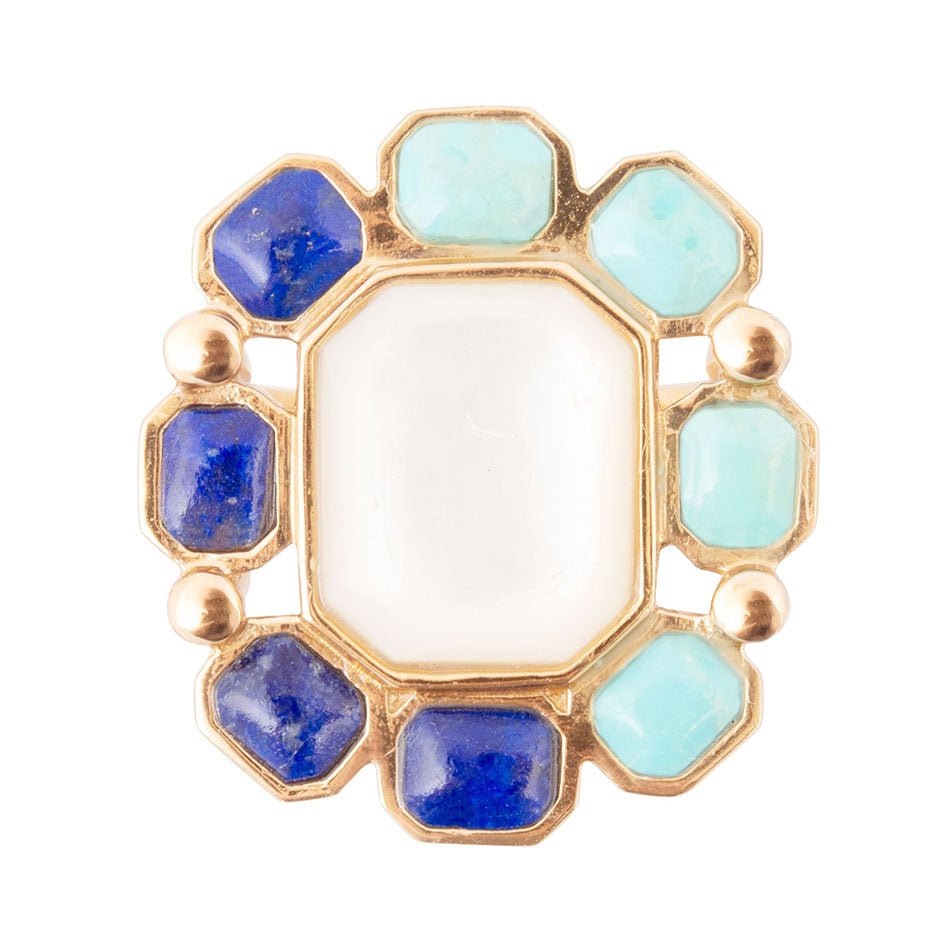 Dual Color Blue Lapis Turquoise and White Mother of Pearl Golden Ring
