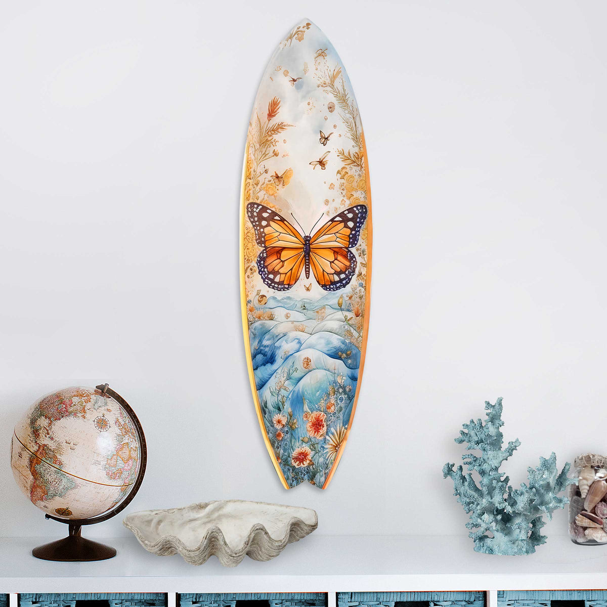 Orange Monarch Butterfly Surfboard Coastal Wall Art by G. DeBrekht - Coastal Holiday Decor - 8490110HS