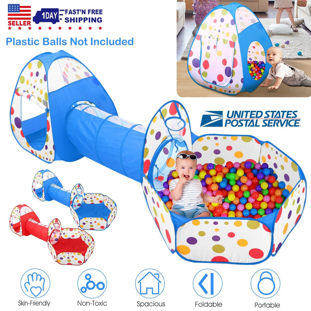 3 In 1 Child Crawl Tunnel Tent Kids Play Tent Ball Pit Set Foldable Children Play House Pop-up Kids Tent w/Storage Bag for Indoor Outdoor Travel Use