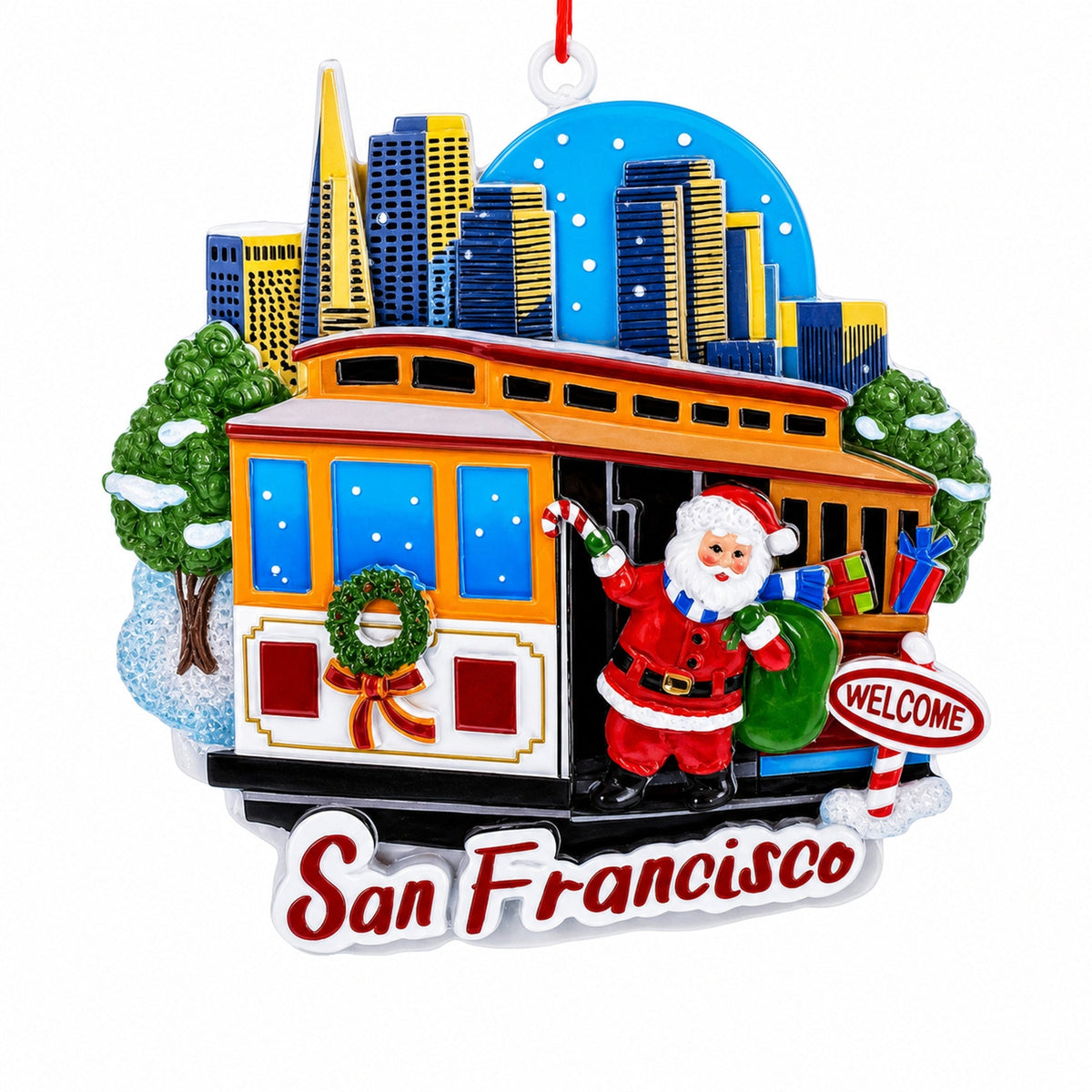 San Francisco Cable Car Santa and City Skyline Resin Christmas Ornament