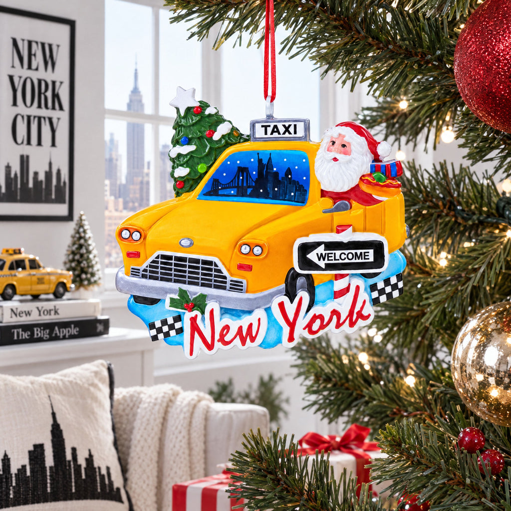 NYC Yellow Cab Santa Travel New York City Resin Christmas Ornament