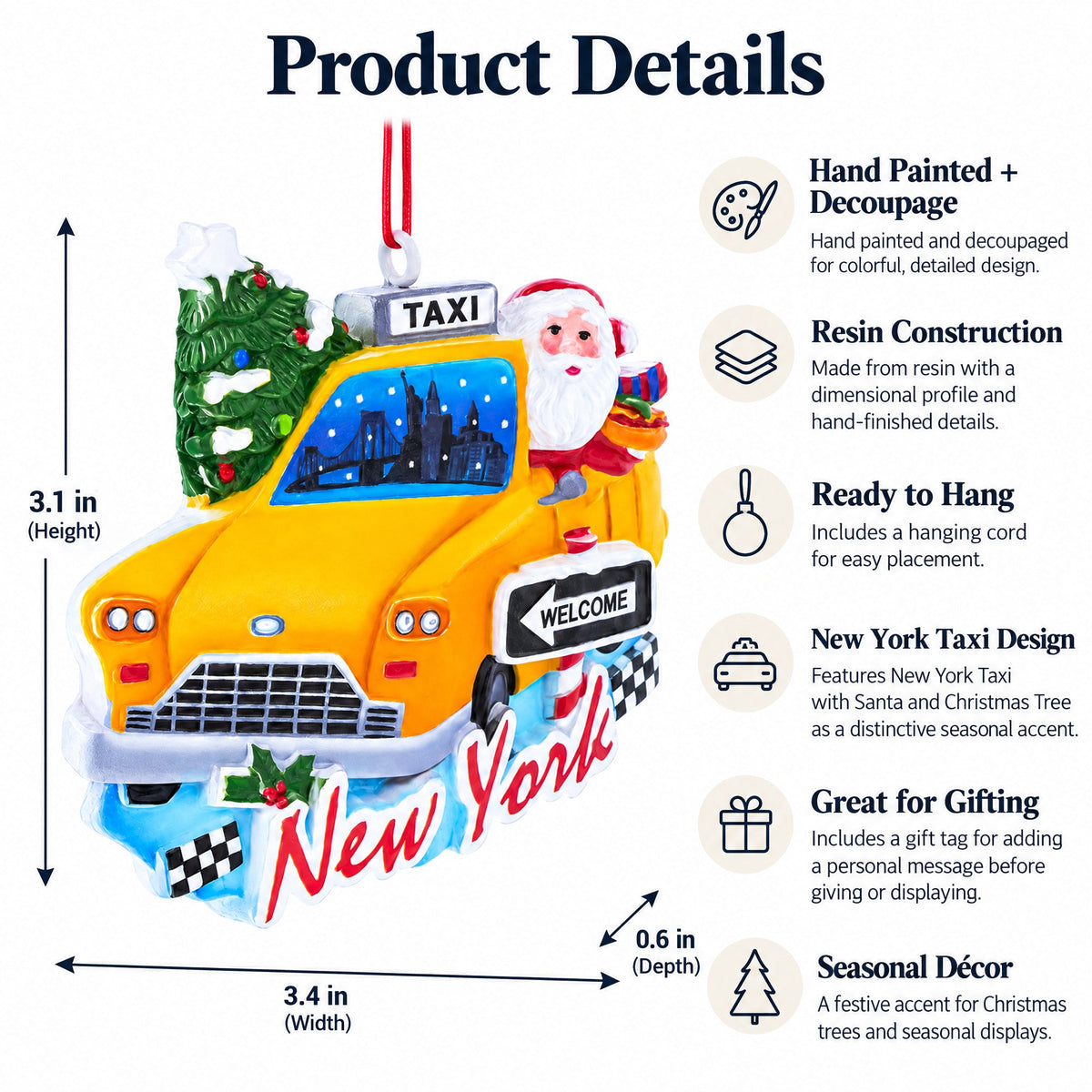 NYC Yellow Cab Santa Travel New York City Resin Christmas Ornament