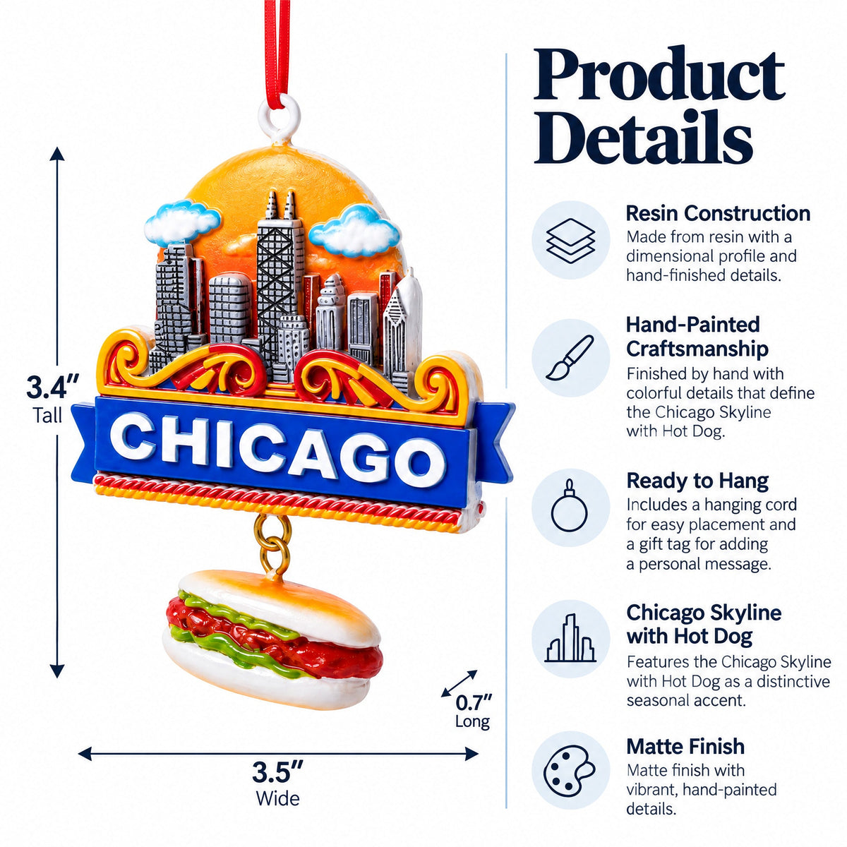 Chicago Skyline Hot Dog Resin Christmas Ornament