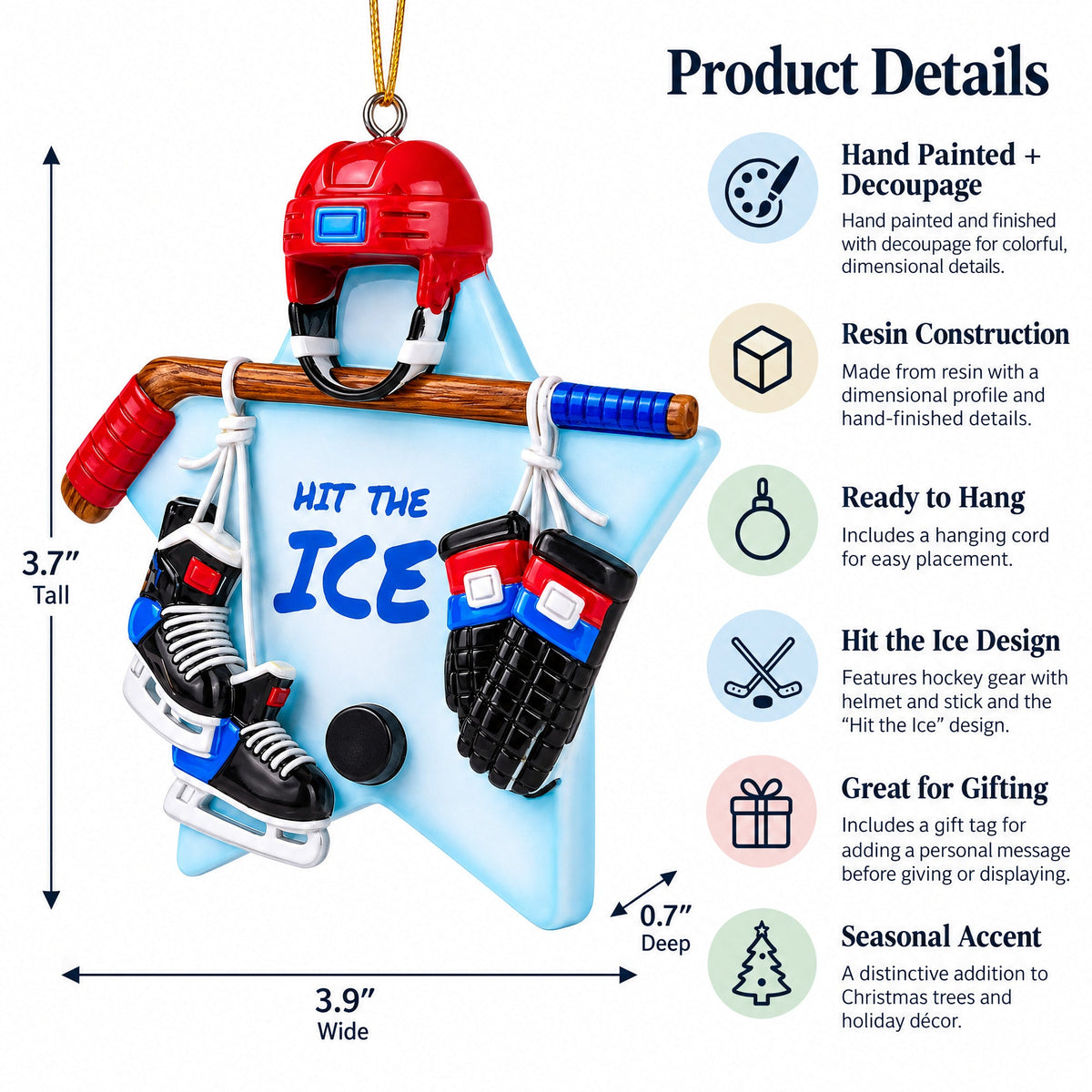 Ice Hockey Star Skates Puck Resin Christmas Ornament