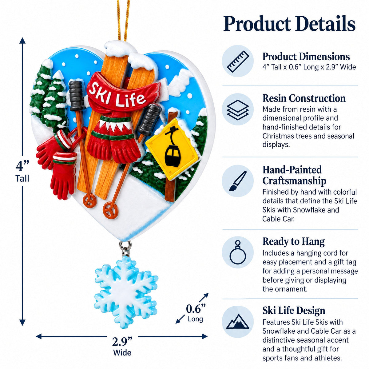 Ski Life Heart Shape Resin Christmas Ornament