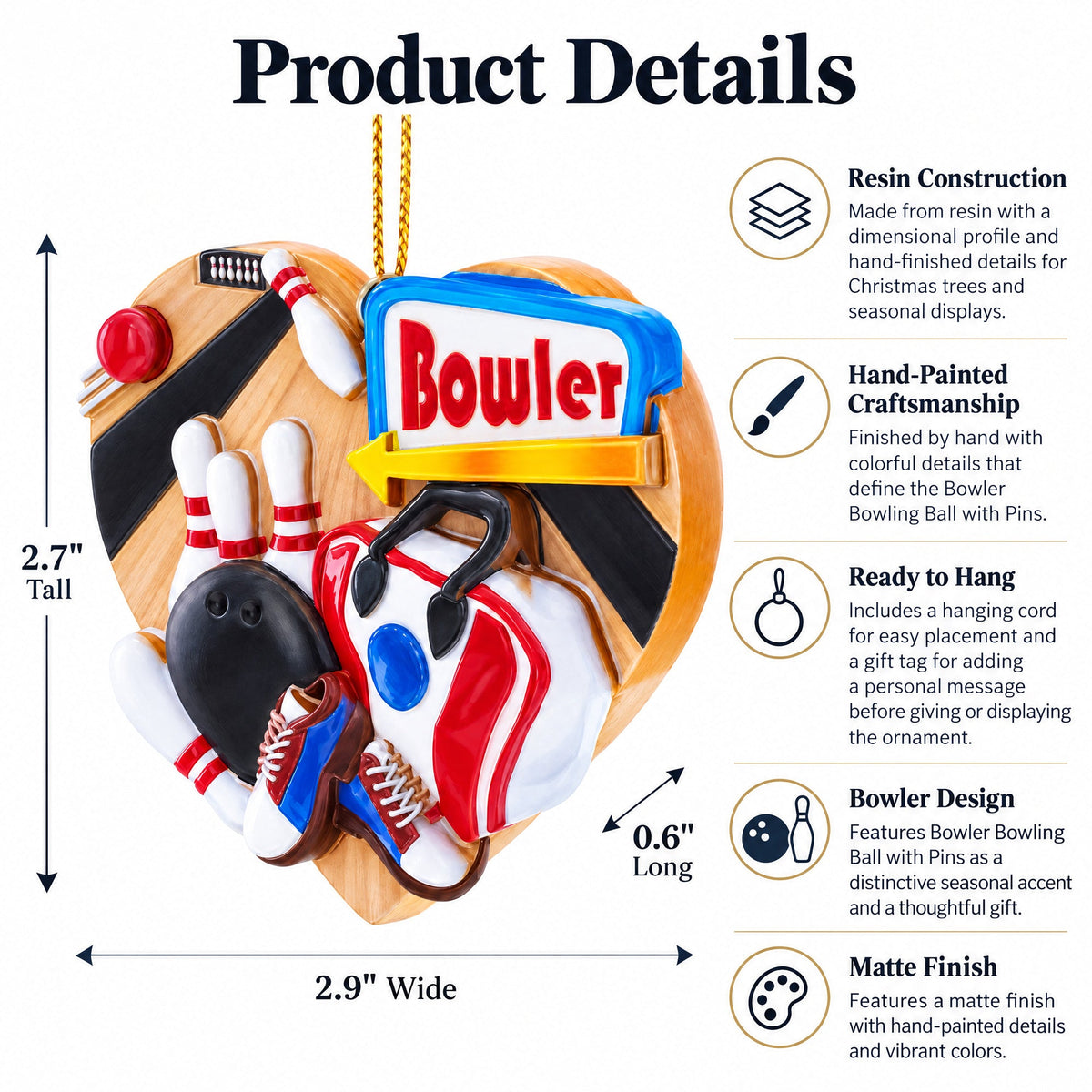 Bowler Sign Bowling Bag Pins Heart Resin Christmas Ornament