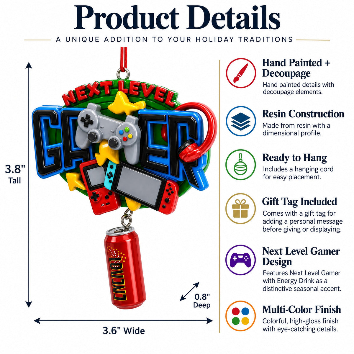 Gamer Video Game Controller Energy Drink Resin Christmas Ornament