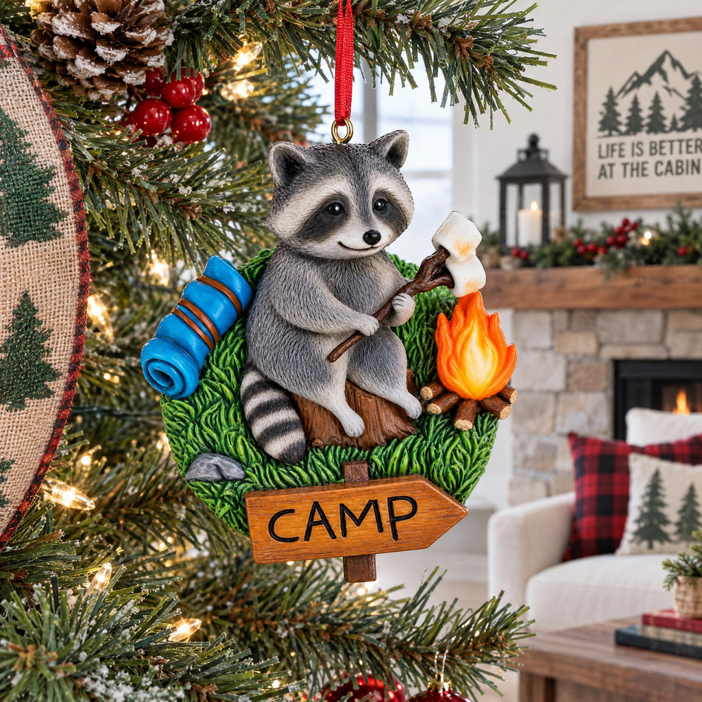 Camping Raccoon Marshmallow Roasting Campfire Resin Christmas Ornament
