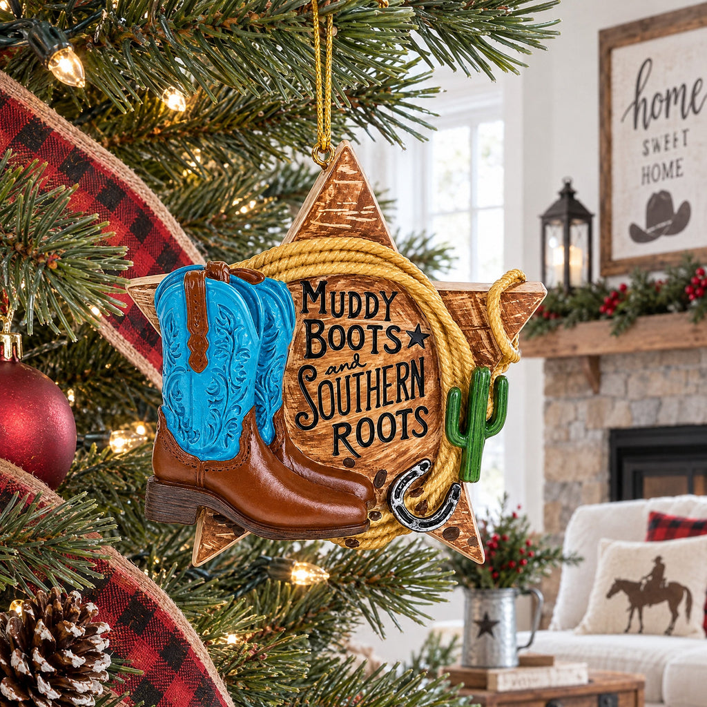 Western Muddy Boots And Southern Roots Star Resin Christmas Ornament