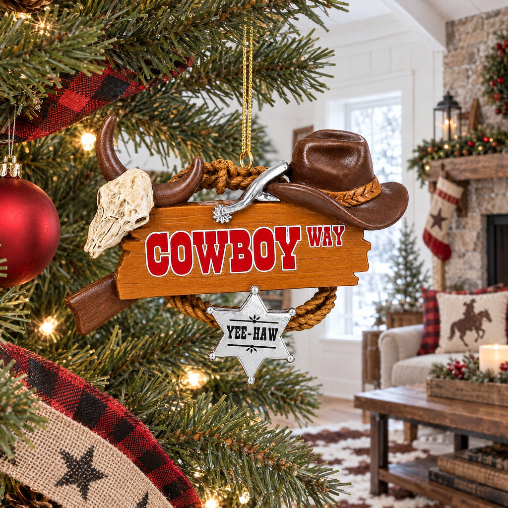 Western Cowboy Way Sign Sheriff Badge Skull Hat Resin Christmas Ornament