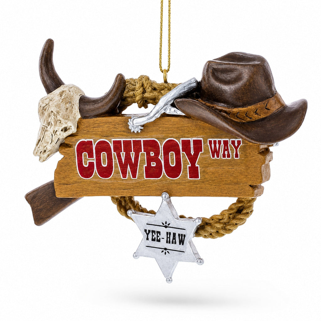 Western Cowboy Way Sign Sheriff Badge Skull Hat Resin Christmas Ornament