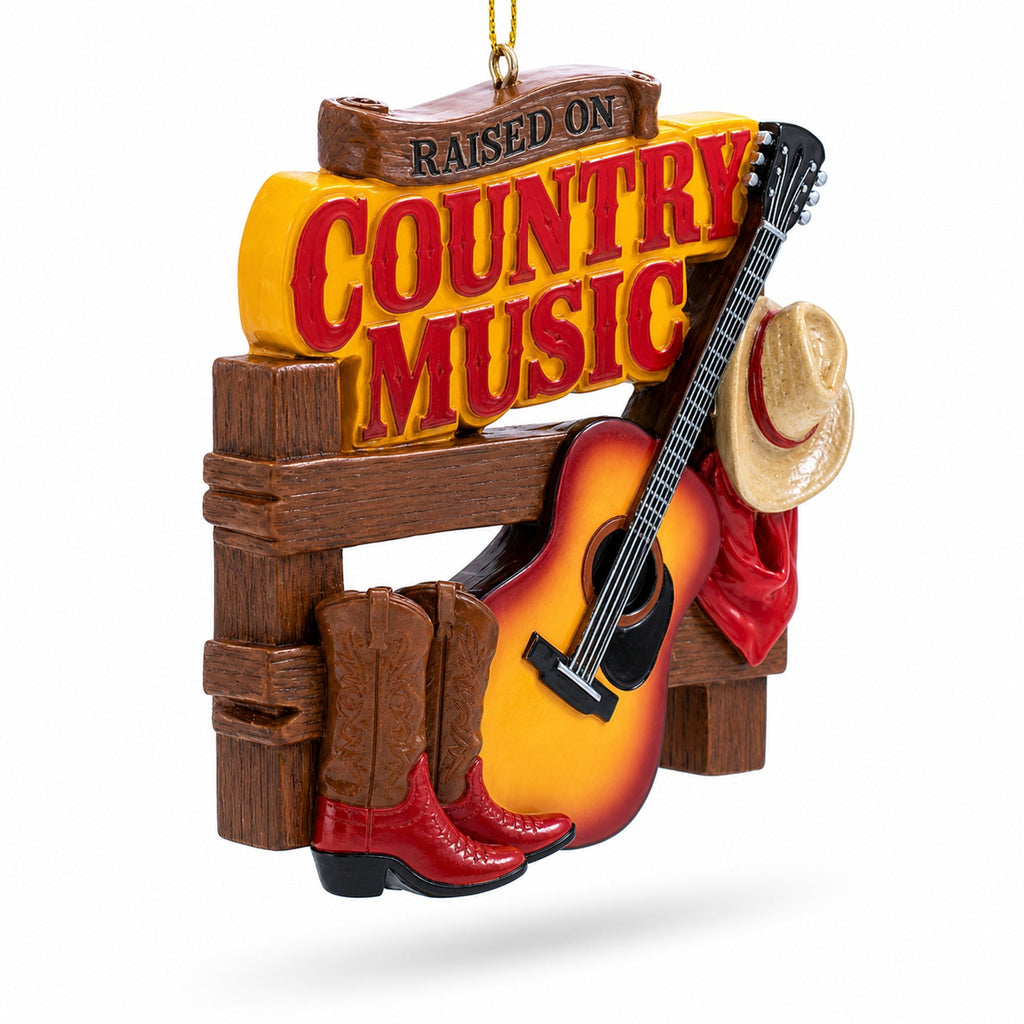 Raised On Country Music Guitar Cowboy Boots Resin Christmas Ornament