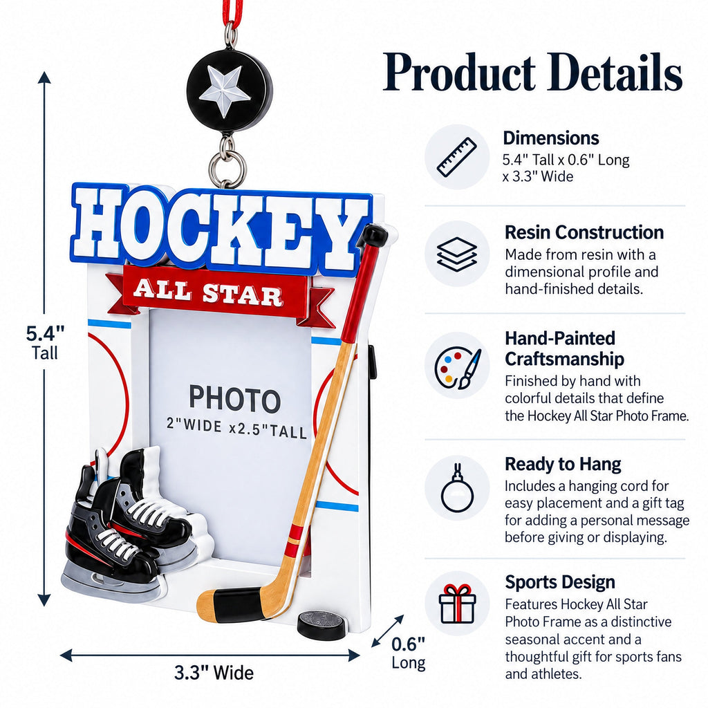 Ice Hockey Star Picture Frame Skates Puck Resin Christmas Ornament