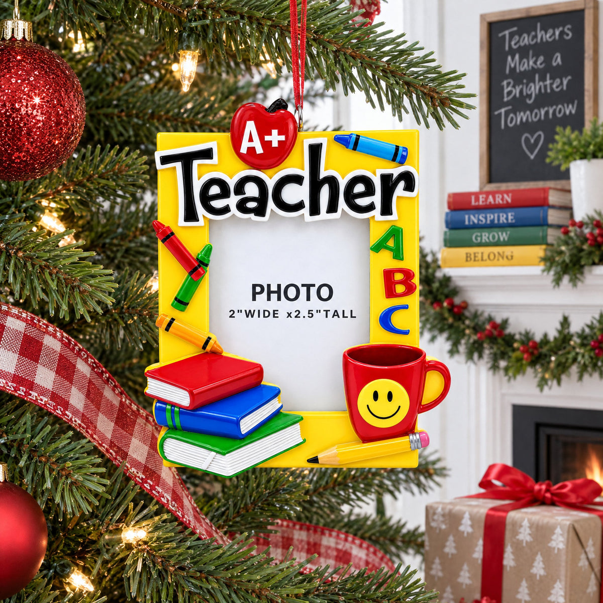 A+ Teacher Books and Apple Picture Frame Resin Christmas Ornament