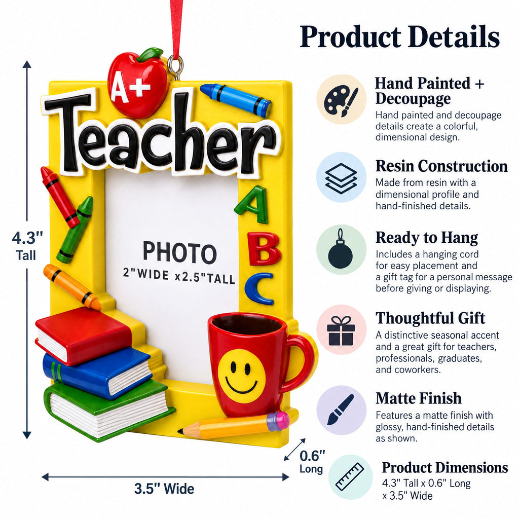 A+ Teacher Books and Apple Picture Frame Resin Christmas Ornament