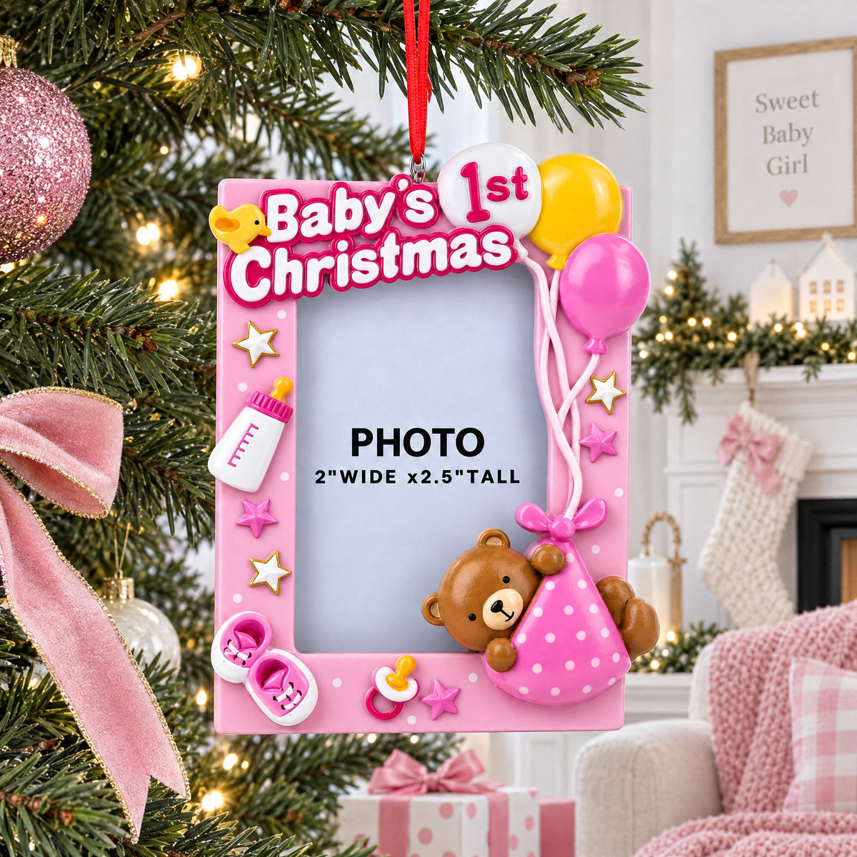Pink Baby's 1st Christmas Picture Frame Resin Christmas Ornament