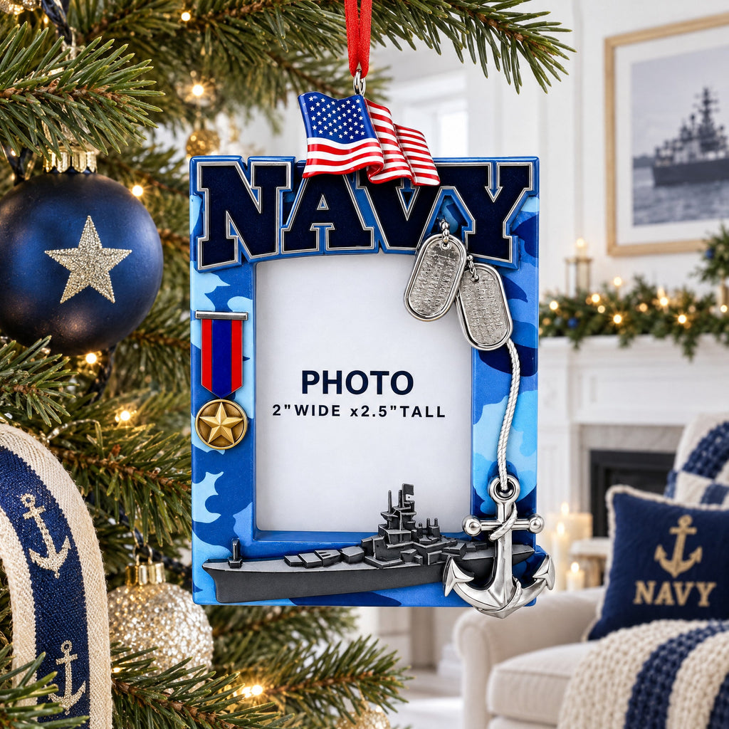 US Navy Camo Patriotic Picture Frame with Ship Resin Christmas Ornament