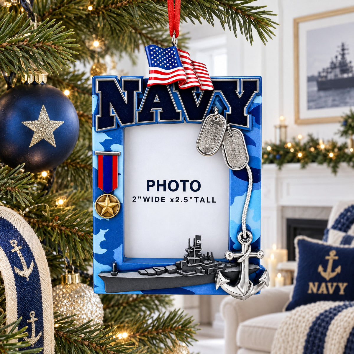 US Navy Camo Patriotic Picture Frame with Ship Resin Christmas Ornament