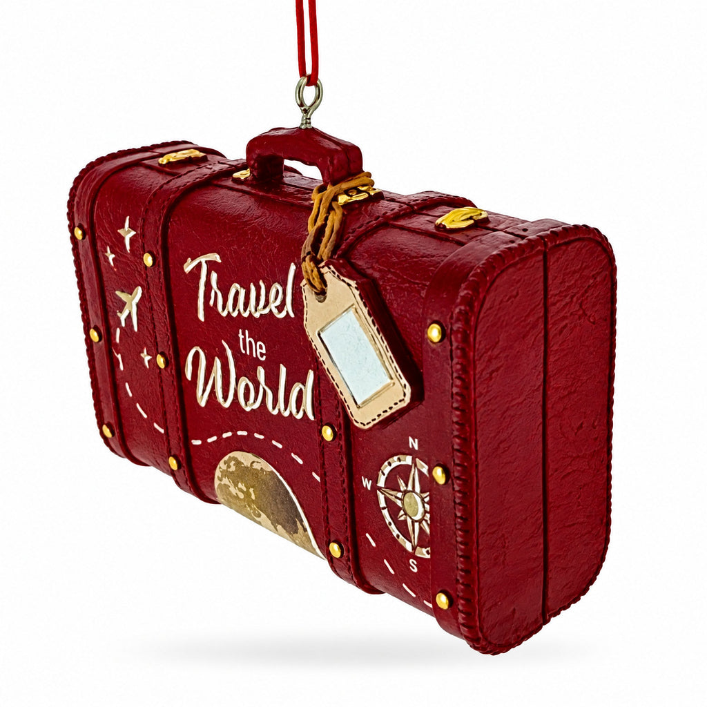 Travel The World Red Vintage Suitcase Luggage Resin Christmas Ornament