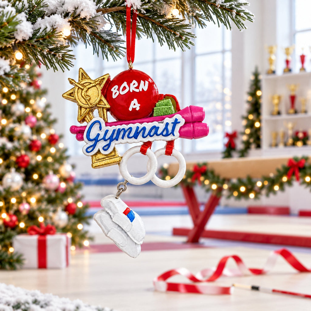 Born A Gymnast Rings And Trophy Resin Christmas Ornament