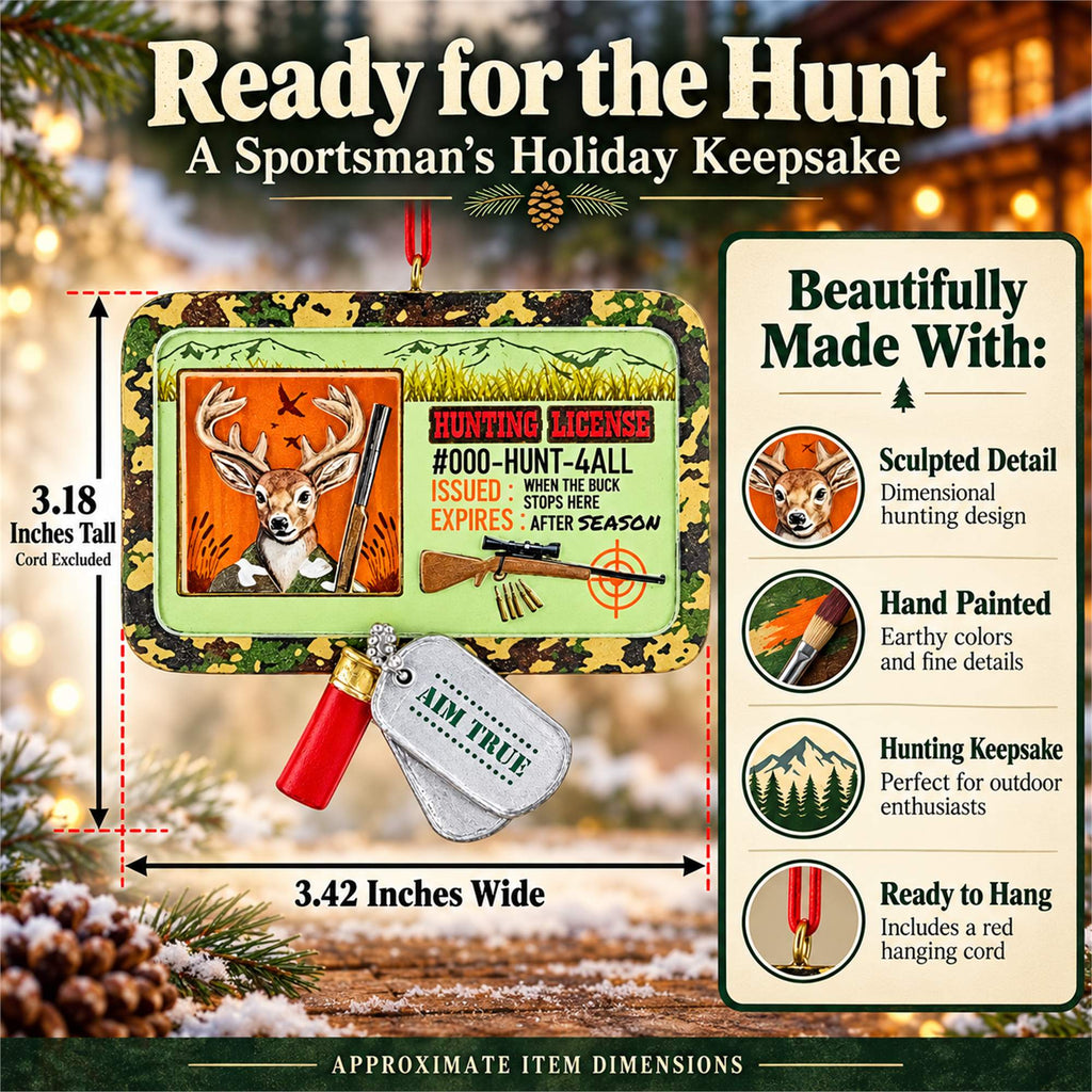Buck's Hunting License Camo Resin Christmas Ornament